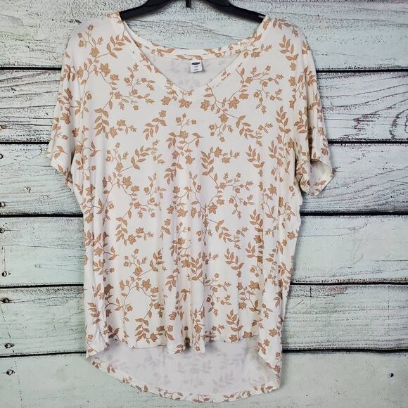 Old Navy Luxe Women’s Top Size L White Beige Floral Stretch Short Sleeve Blouse - Picture 1 of 6
